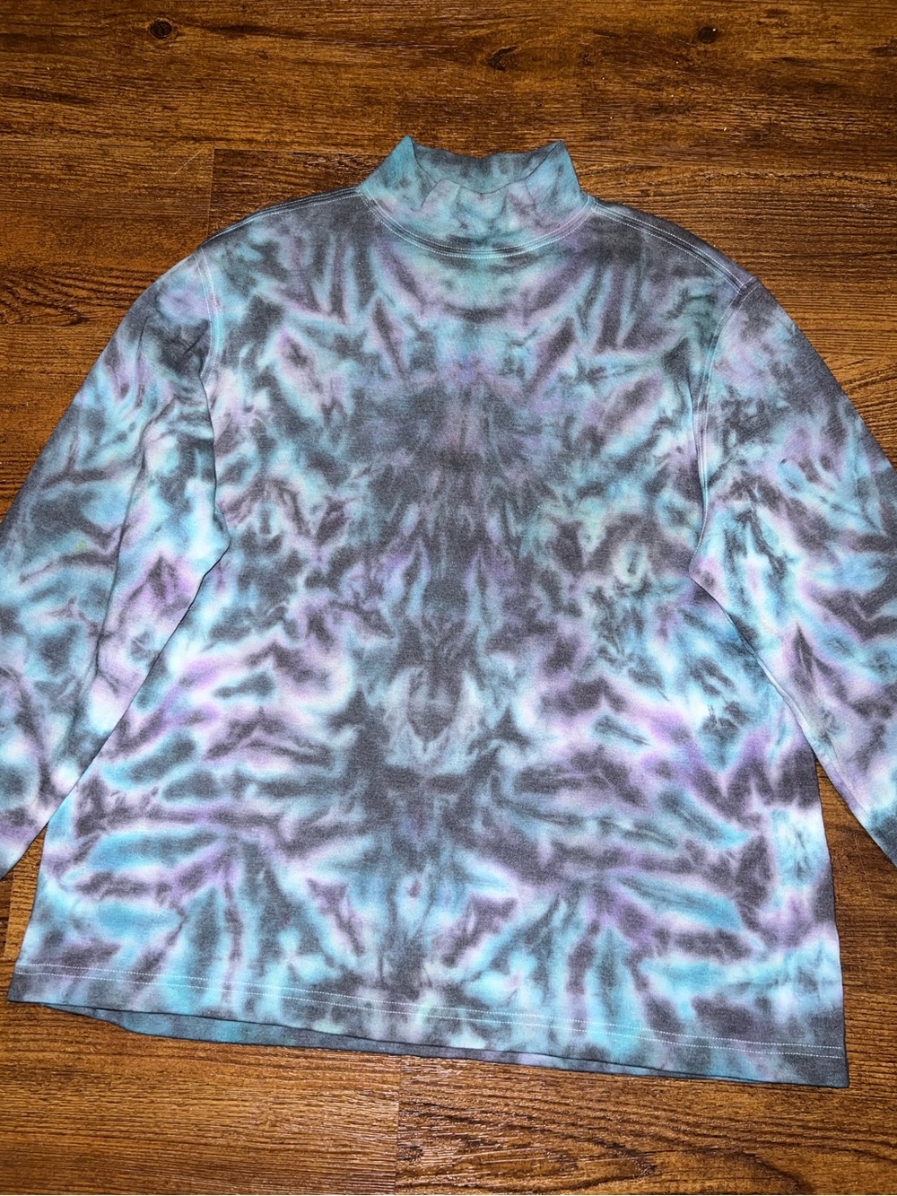 Teal Mock Neck Tie Dye Long Sleeve Sweatshirt Purple Psychedelic Hippie Size M - Picture 7 of 10